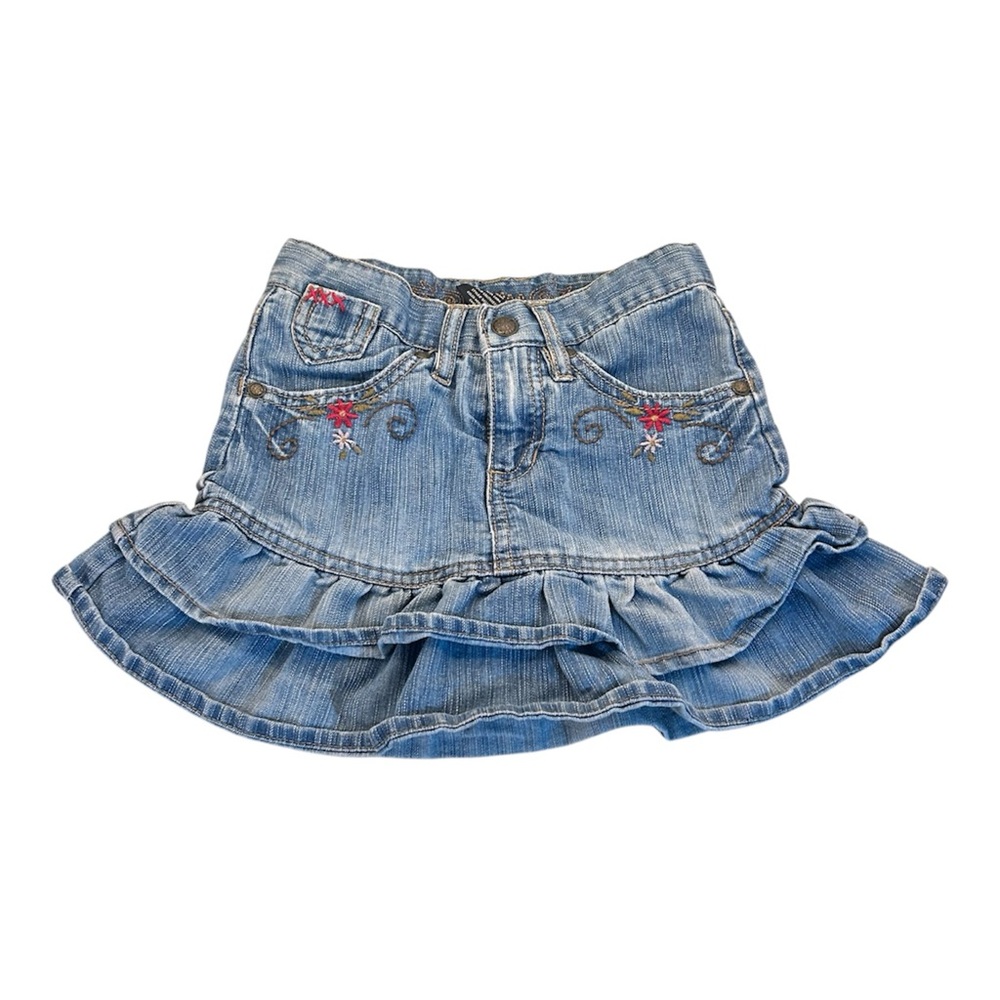 Squeeze Jeans Vintage Y2K Floral Embroidered Ruffle Denim Skirt Size‎ Large/6